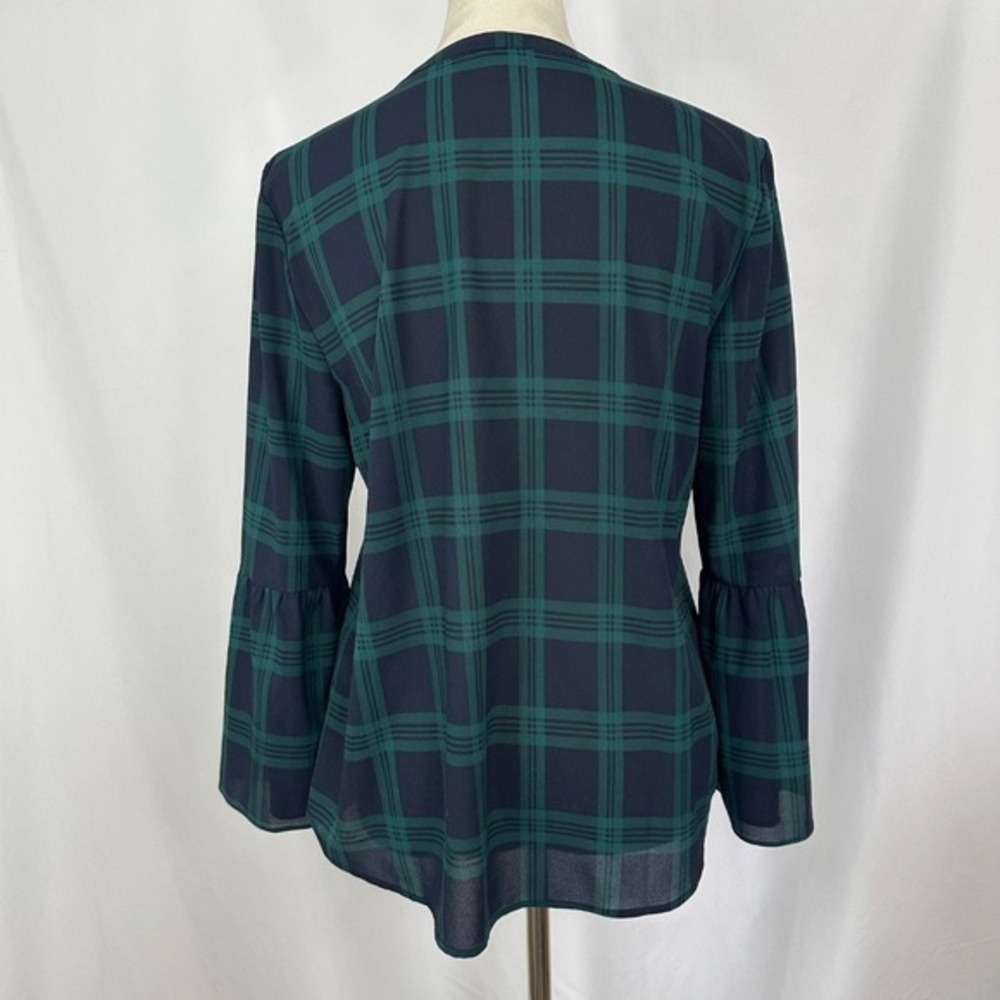 J.Crew Plaid Blouse Bell Sleeve Top V-Neck Career Casual Green Blue Women Medium - Picture 3 of 9